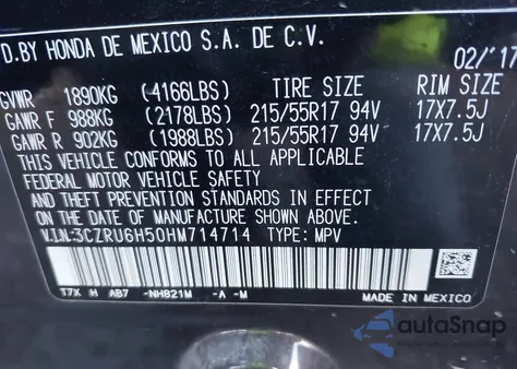 2017 Honda Hr-V Ex from USA, damaged, VIN 3CZRU6H50HM714714
